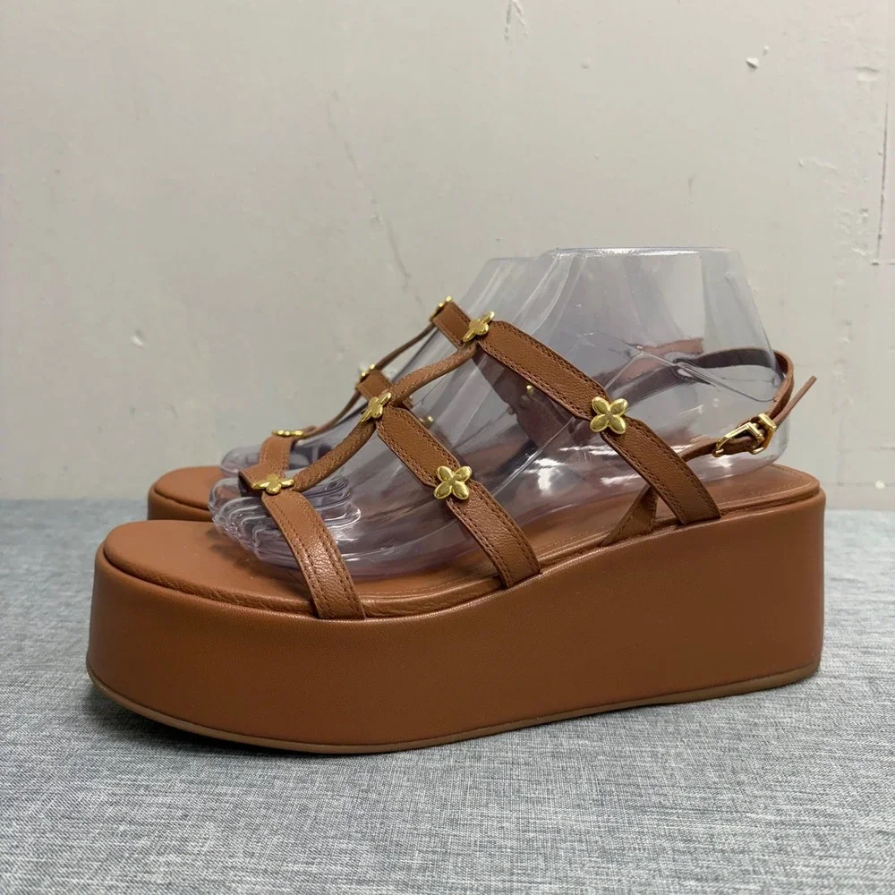 Larroude Platform Sandals Womens 9 Tan Leather Gold Floral Strappy Gladiator V58
